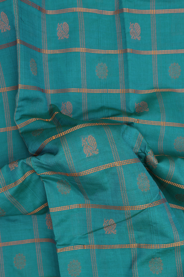 Kanchi Cotton Saree In Teal Blue With Checks Design