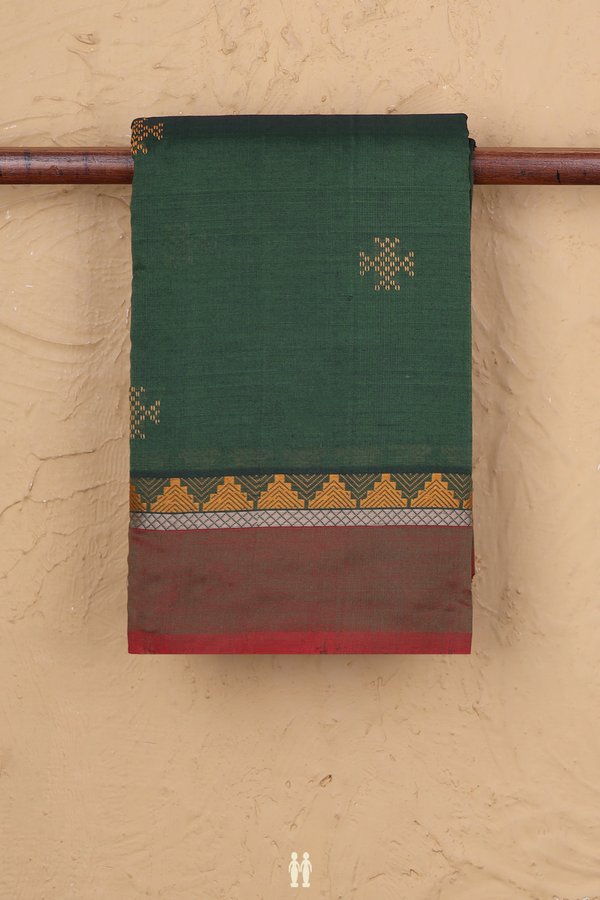 Kanchi Cotton Saree In Forest Green With Threadwork Buttas