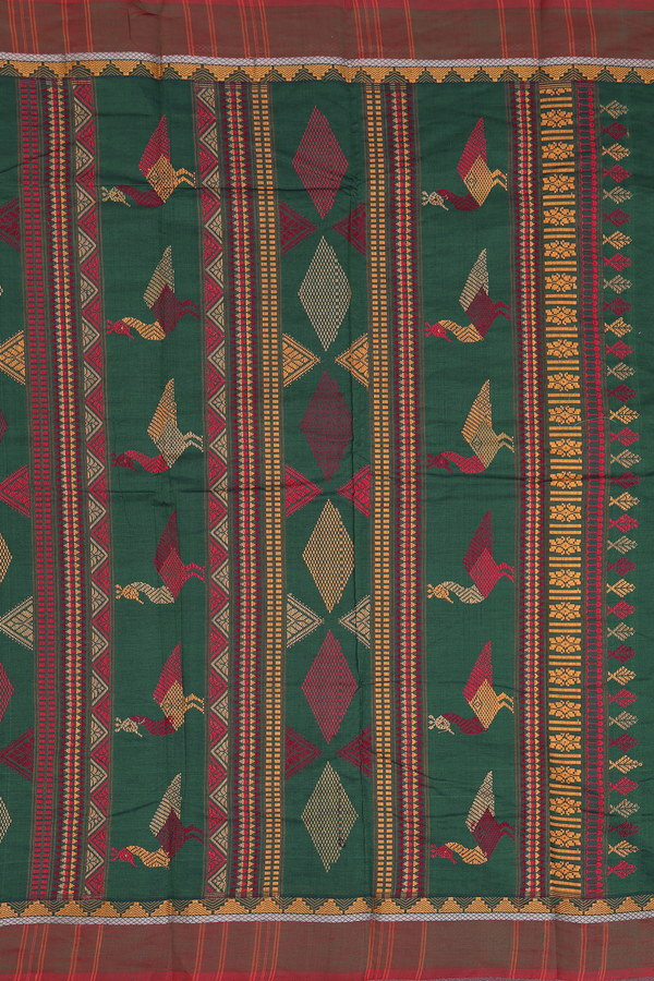 Kanchi Cotton Saree In Forest Green With Threadwork Buttas