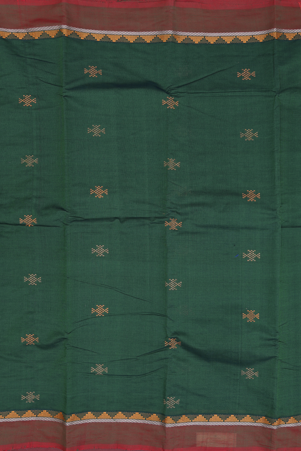 Kanchi Cotton Saree In Forest Green With Threadwork Buttas