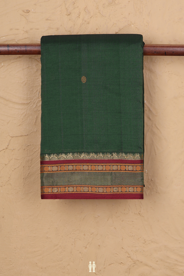 Kanchi Cotton Saree In Forest Green With Threadwork Buttas