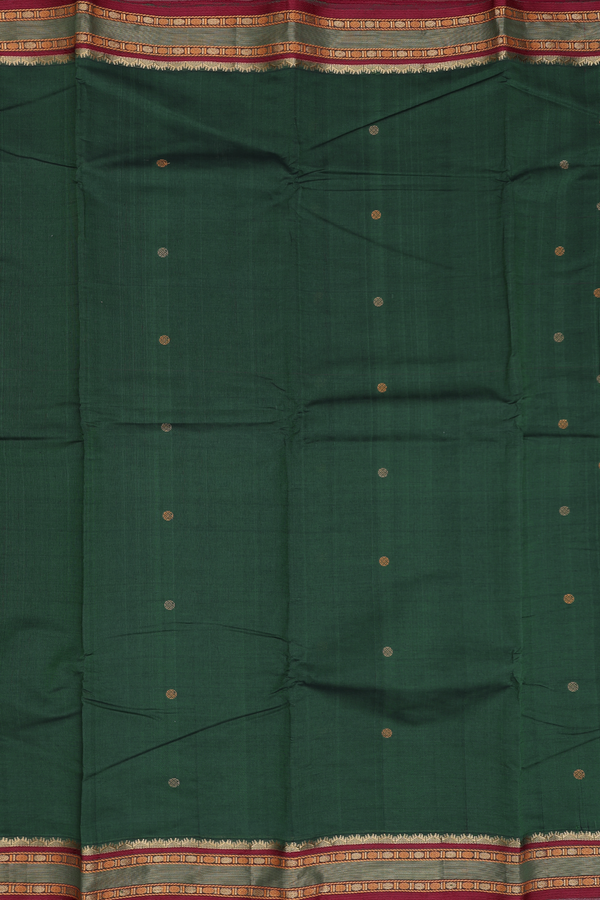 Kanchi Cotton Saree In Forest Green With Threadwork Buttas