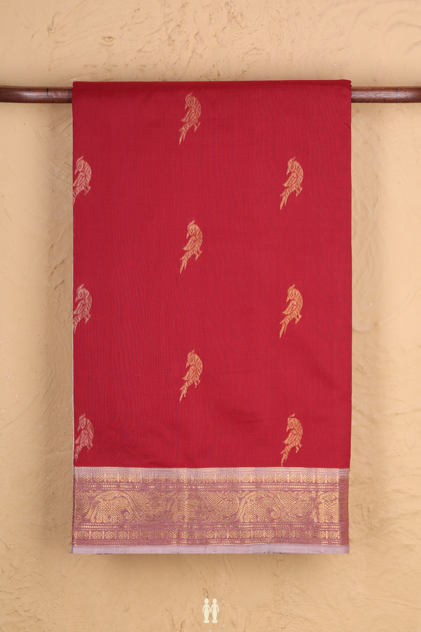 Silk Cotton Saree In Red With Peacock Buttas