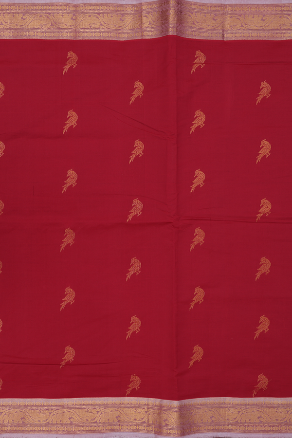 Silk Cotton Saree In Red With Peacock Buttas