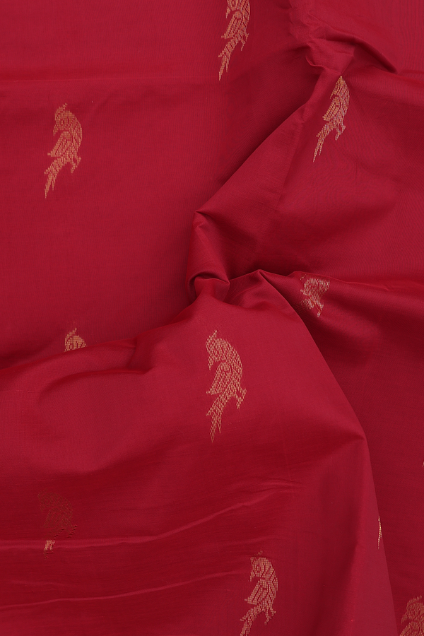 Silk Cotton Saree In Red With Peacock Buttas