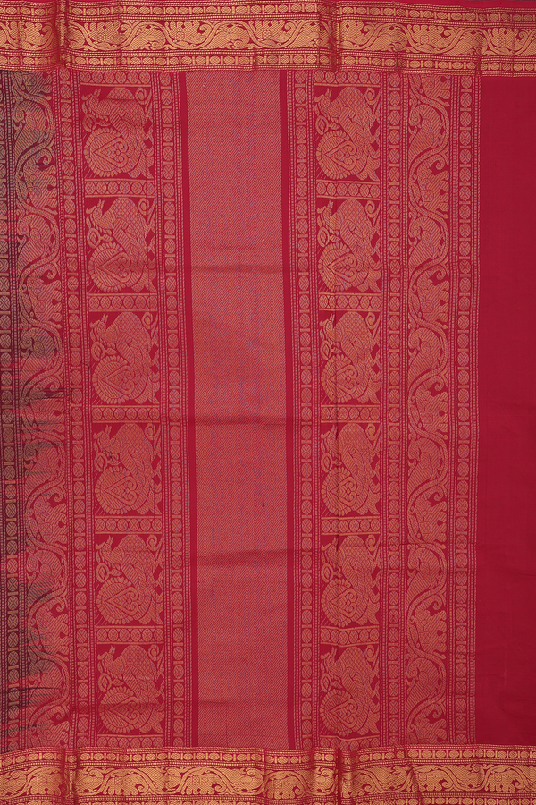Silk Cotton Saree In Emerald Green With Peacock Buttas