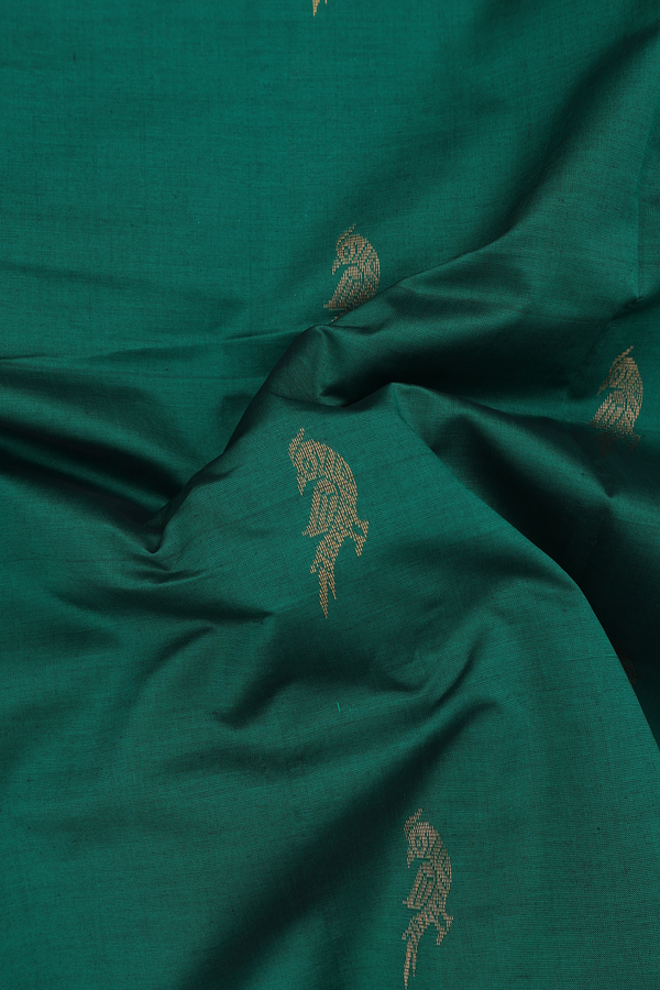 Silk Cotton Saree In Emerald Green With Peacock Buttas