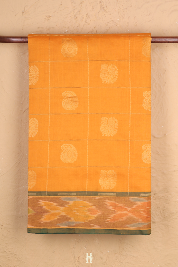 Silk Cotton Saree In Mango Yellow With Checks Design