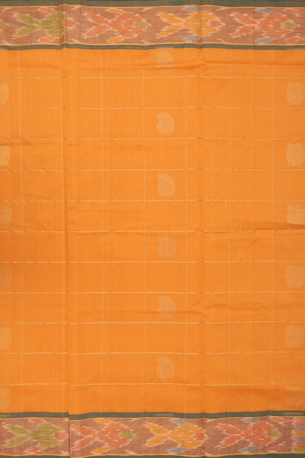 Silk Cotton Saree In Mango Yellow With Checks Design