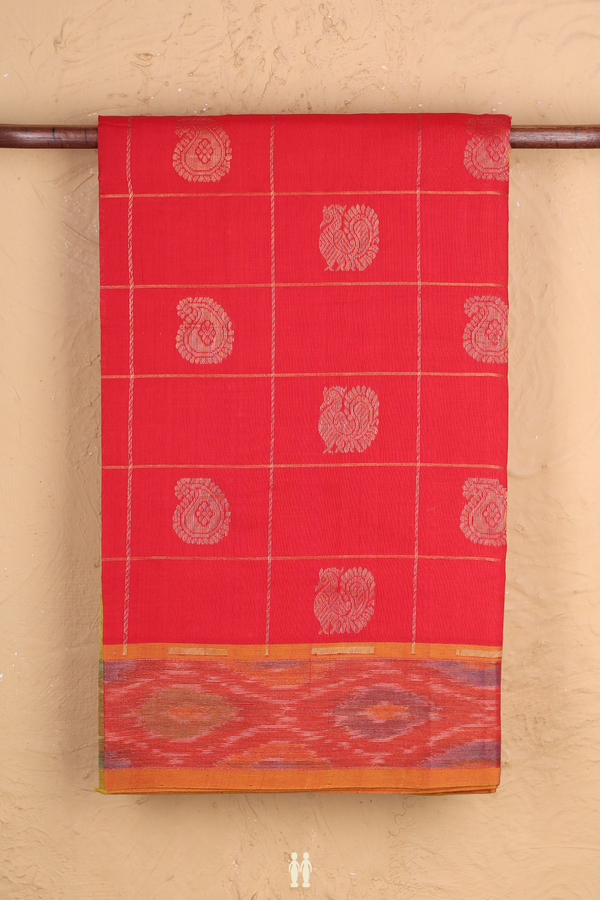 Silk Cotton Saree In Scarlet Red With Checks Design