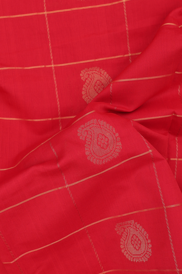 Silk Cotton Saree In Scarlet Red With Checks Design