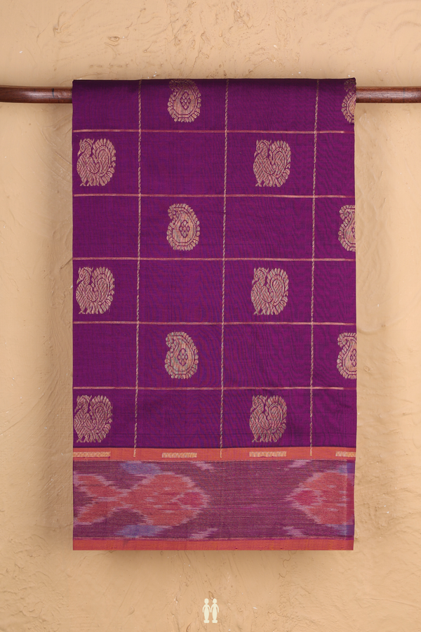 Traditional Silk Cotton Saree In Purple With Checks Design