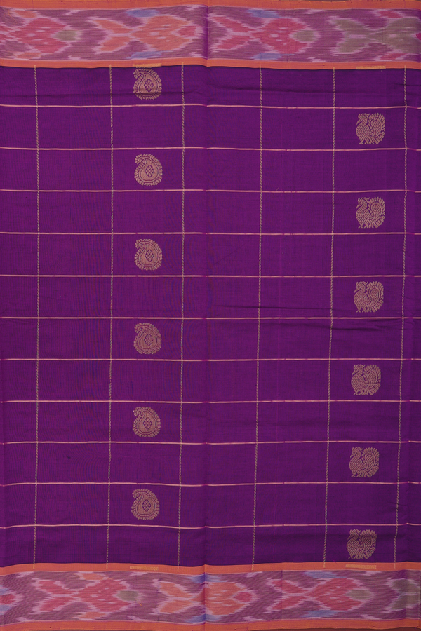 Traditional Silk Cotton Saree In Purple With Checks Design