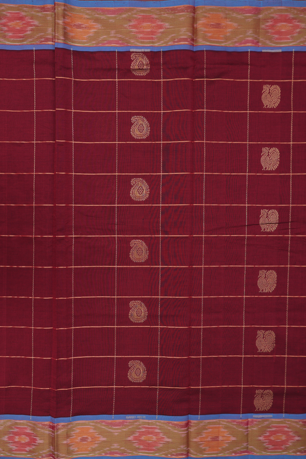 Traditional Silk Cotton Saree In Red With Checks Design
