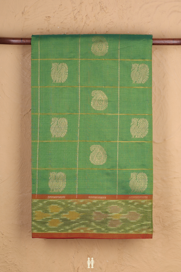 Traditional Silk Cotton Saree In Green With Checks Design