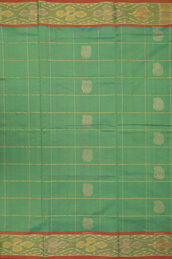 Traditional Silk Cotton Saree In Green With Checks Design