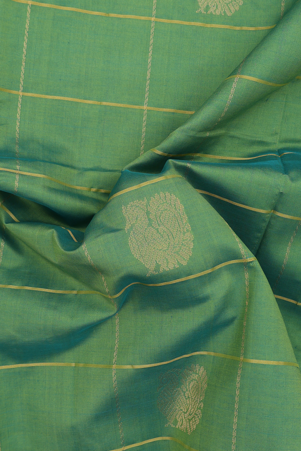 Traditional Silk Cotton Saree In Green With Checks Design