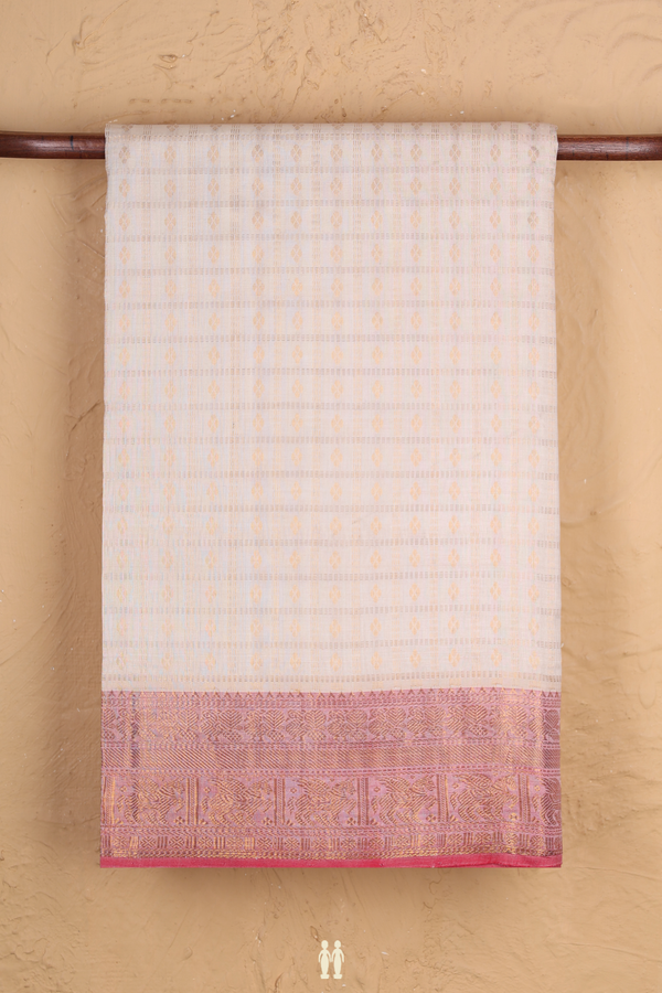 Traditional Silk Cotton Saree In White With Checks Design