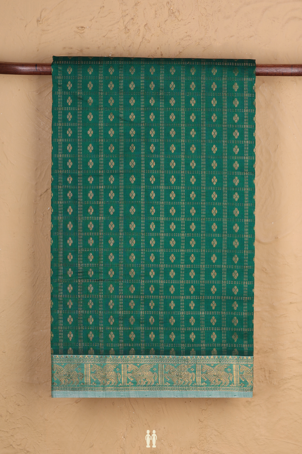 Traditional Silk Cotton Saree In Green With Checks Design