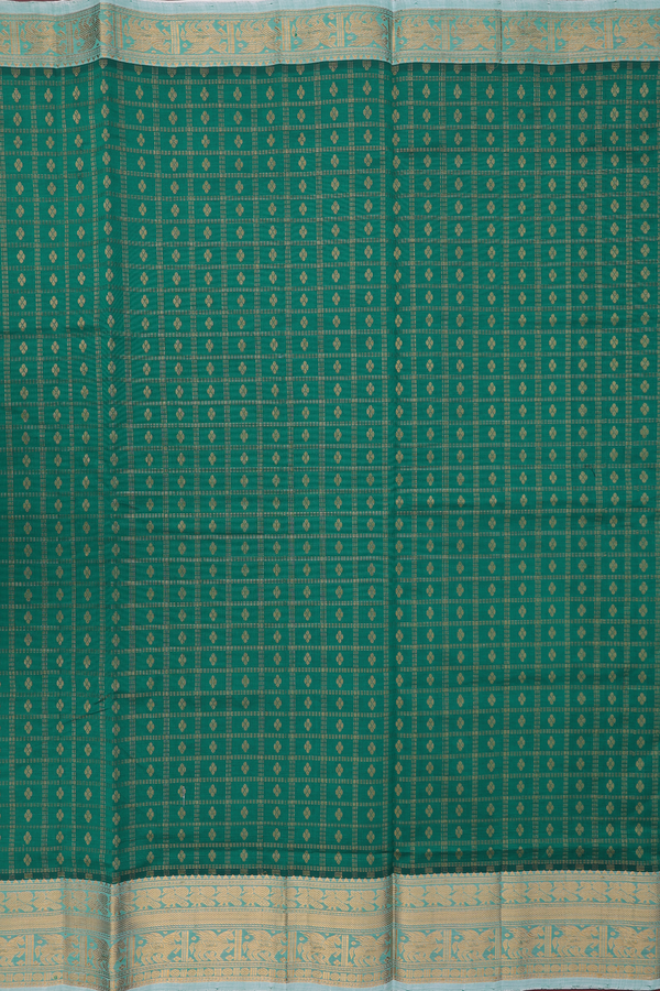 Traditional Silk Cotton Saree In Green With Checks Design