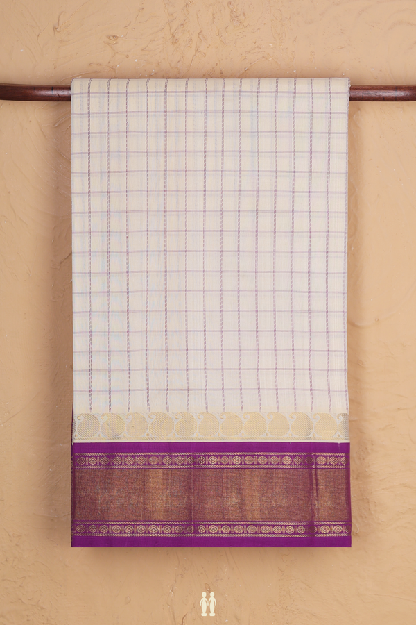 Silk Cotton Saree In Off White With Checks Design