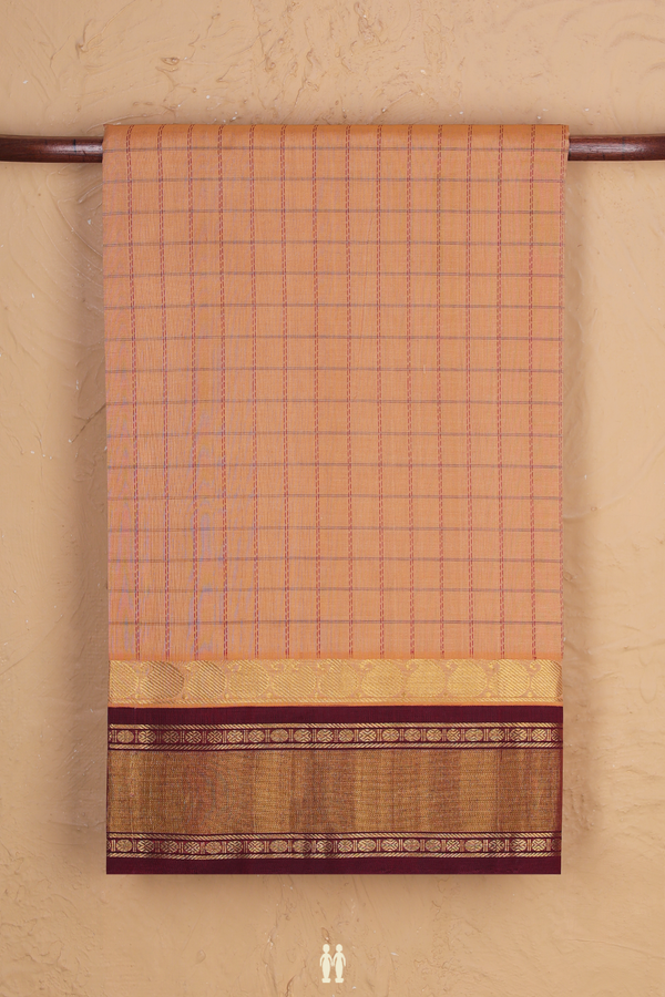 Silk Cotton Saree In Brown With Checks Design