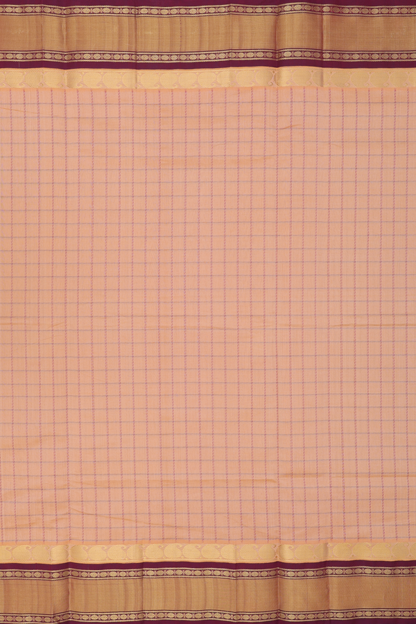 Silk Cotton Saree In Brown With Checks Design