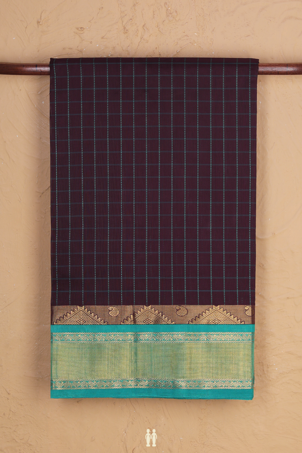 Silk Cotton Saree In Coffee Brown With Checks Design