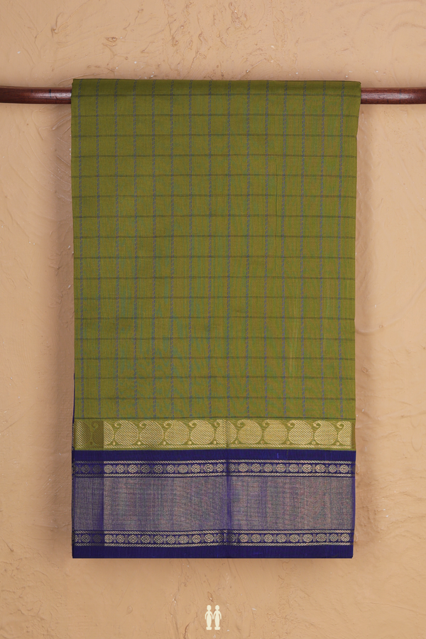 Silk Cotton Saree In Green With Checks Design