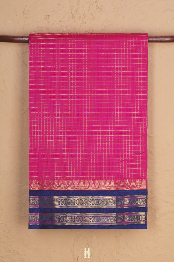 Silk Cotton Saree In Rani Pink With Checks Design