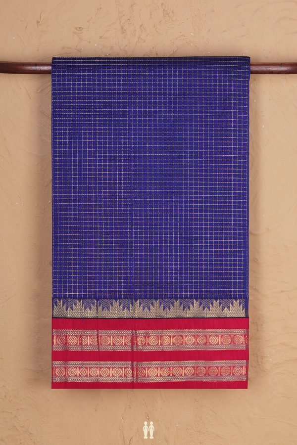 Silk Cotton Saree In Royal Blue With Checks Design