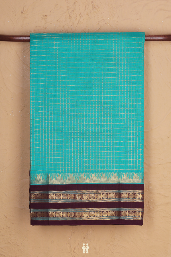 Silk Cotton Saree In Green With Checks Design