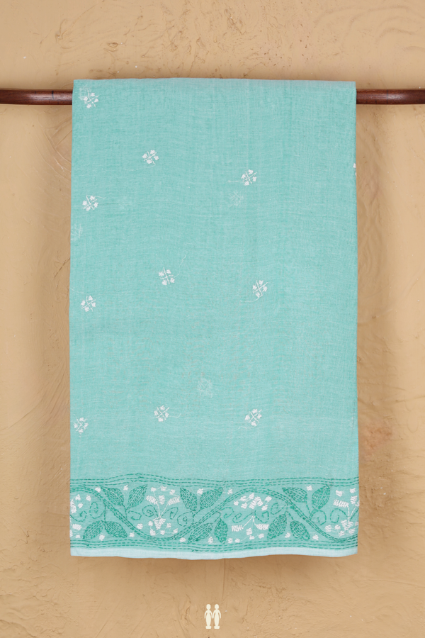 Bengal Cotton Saree In Turkish Blue With Threadwork Buttas