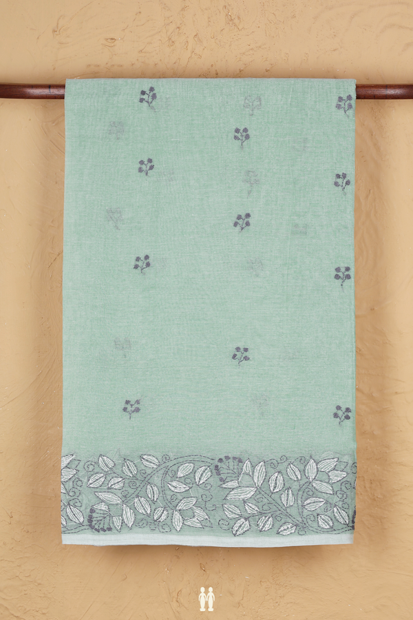 Bengal Cotton Saree In Dusty Green With Threadwork Buttas
