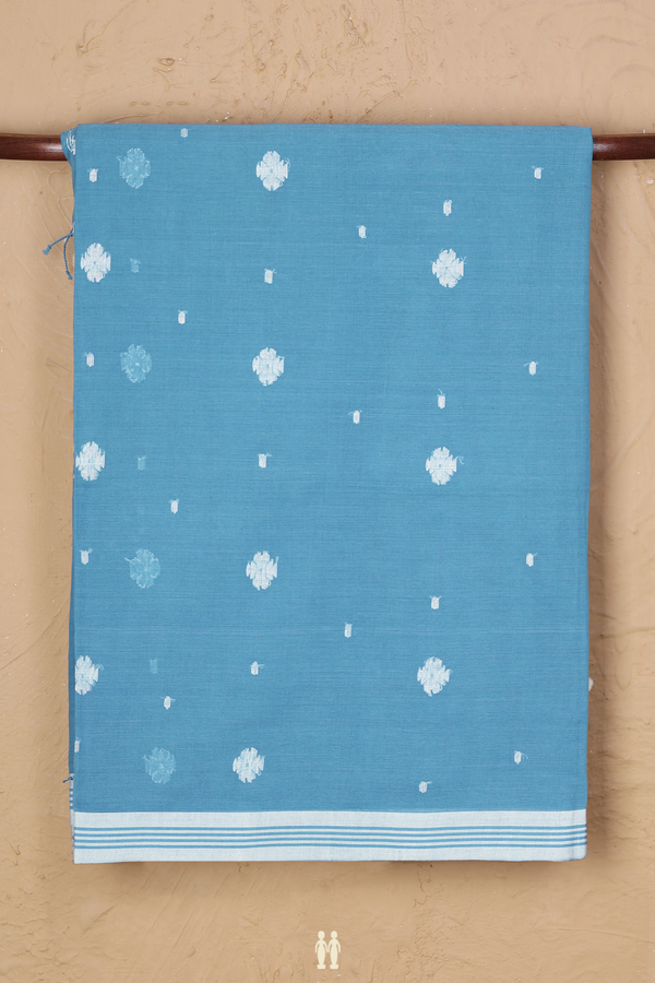 Bengal Cotton Saree In Dusty Blue With Floral Buttas
