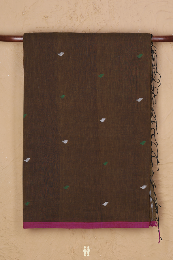 Bengal Cotton Saree In Walnut Brown With Threadwork Buttas