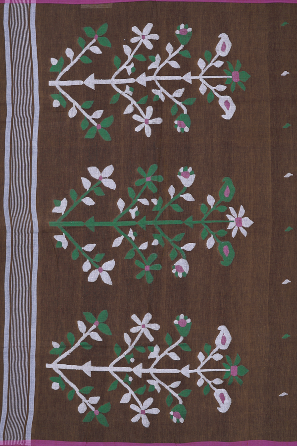 Bengal Cotton Saree In Walnut Brown With Threadwork Buttas