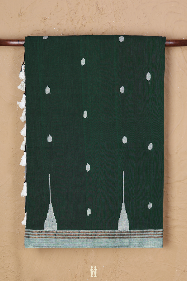 Bengal Cotton Saree In Forest Green With Threadwork Buttas