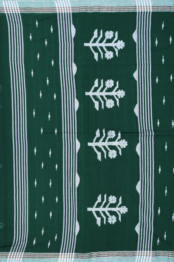 Bengal Cotton Saree In Forest Green With Threadwork Buttas