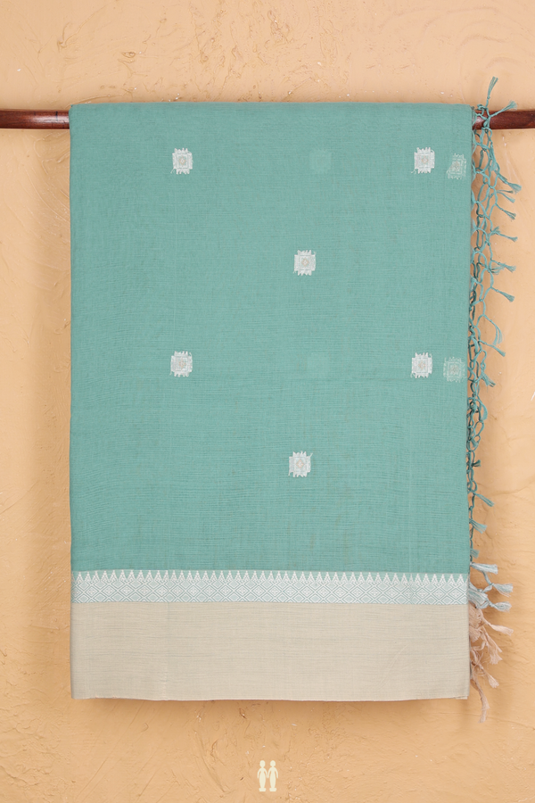 Bengal Cotton Saree In Turkish Blue With Threadwork Buttas