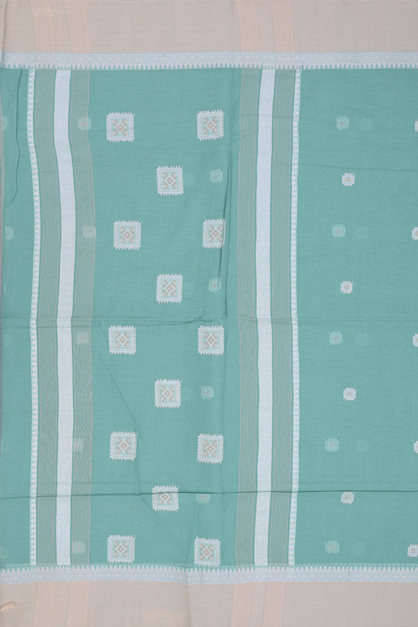 Bengal Cotton Saree In Turkish Blue With Threadwork Buttas