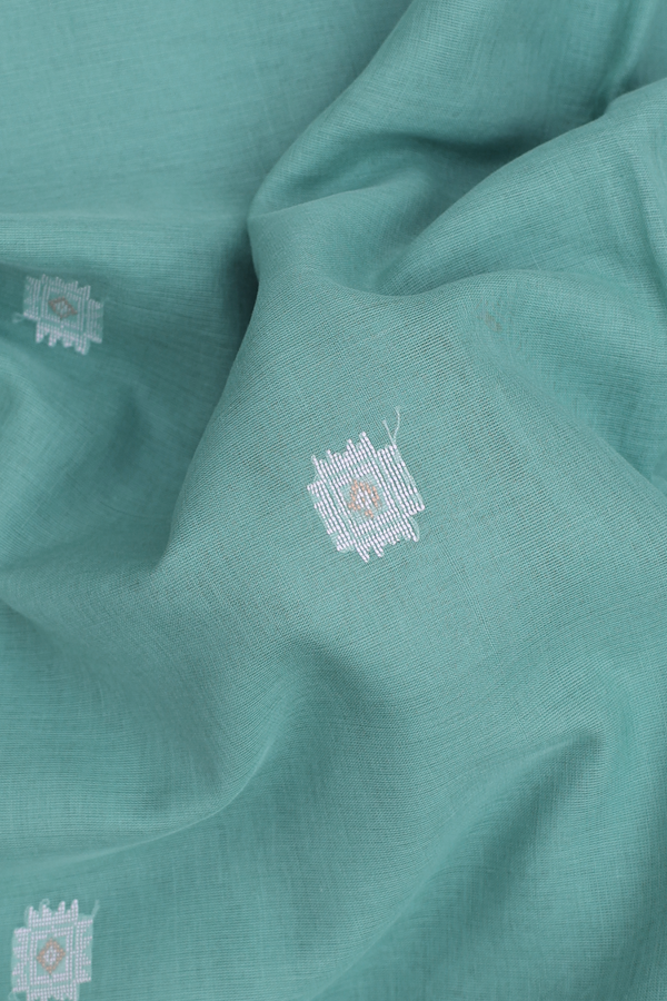 Bengal Cotton Saree In Turkish Blue With Threadwork Buttas