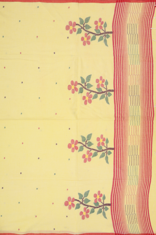 Bengal Cotton Saree In Light Yellow With Threadwork Buttis