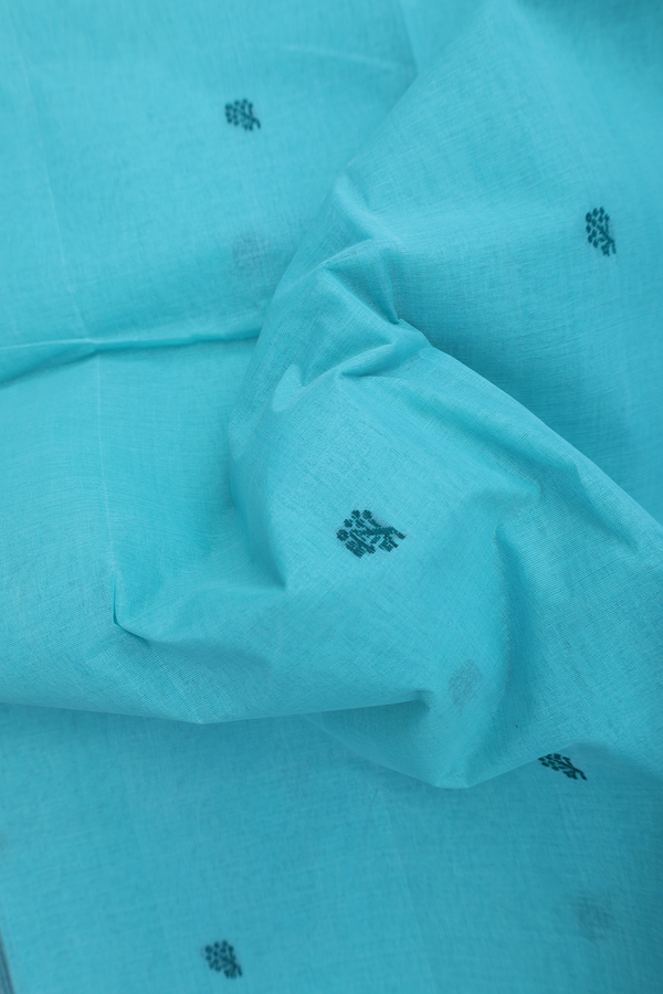 Bengal Cotton Saree In Turquoise Blue With Floral Buttas