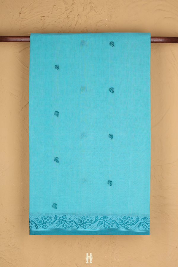Bengal Cotton Saree In Turquoise Blue With Floral Buttas