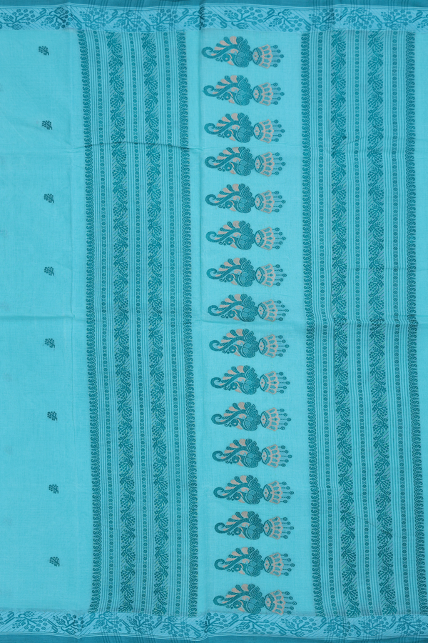 Bengal Cotton Saree In Turquoise Blue With Floral Buttas