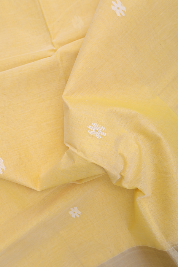 Bengal Cotton Saree In Pastel Yellow With Floral Buttas