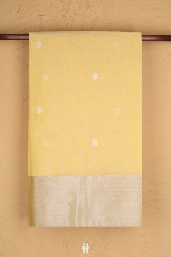 Bengal Cotton Saree In Pastel Yellow With Floral Buttas