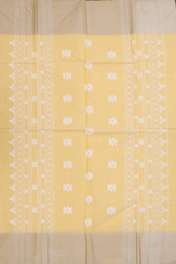 Bengal Cotton Saree In Pastel Yellow With Floral Buttas
