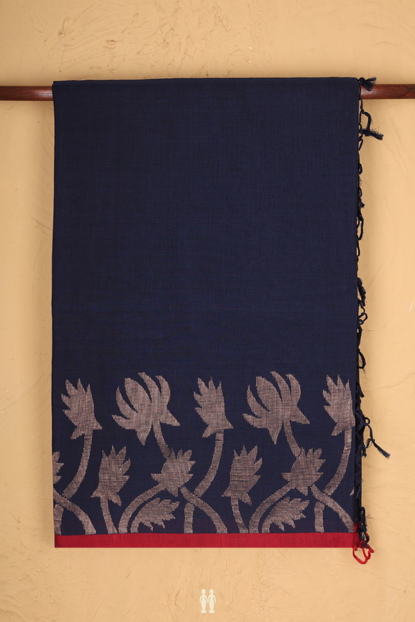 Bengal Cotton Saree In Navy Blue With Floral Border